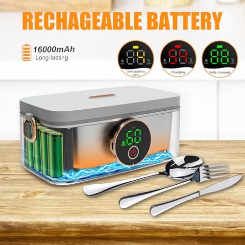 1L Rechargeable Heated Lunch Box with Cutlery & Insulated Bag for Travel, Picnic, Camping