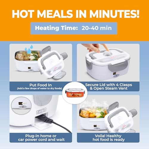 Heated Lunch Box 80W for Adults - Portable 1.5L Food Warmer, 12V/24V Car & Truck, 110V/220V Work & Travel