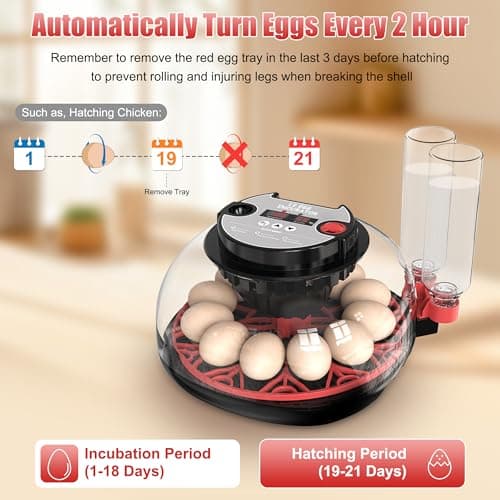 12 Egg Incubator with Temp Control, Humidity Display & Automatic Turner/Candler & Water Refill for Hatching