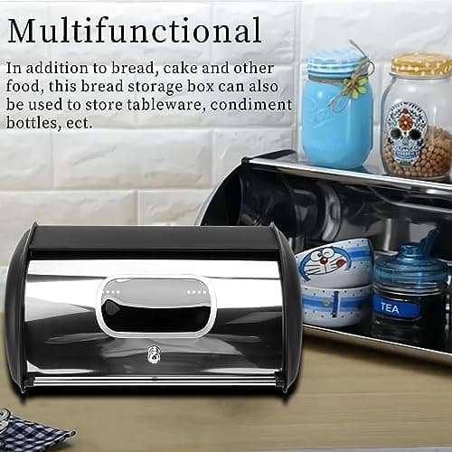 Large Capacity Iron Bread Bin with Roll Up Lid, Black (Home Kitchen)