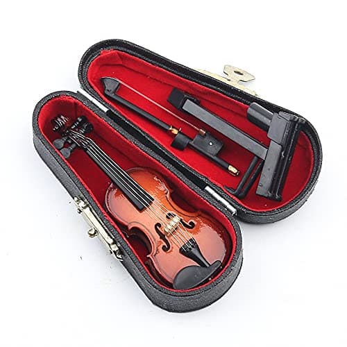 Mini Wooden Violin Set with Stand, Bow, and Case for Dollhouse Decoration (3.15x1.18x0.59)