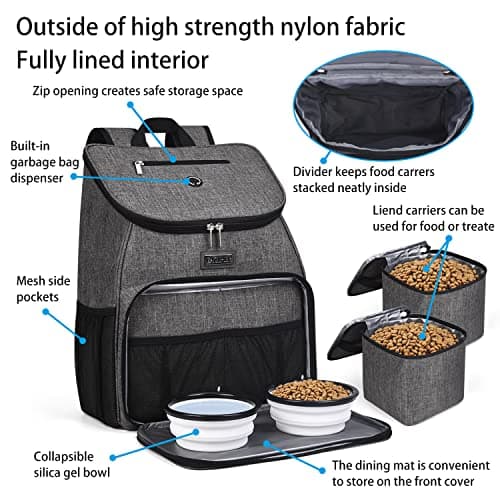 BAGLHER Airline Approved Dog Travel Backpack with Bowls and Food Baskets, Gray
