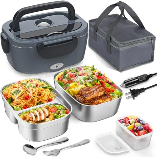 3-in-1 Electric Lunch Box for Adults - Portable Heated Lunch Box with 1.5L Stainless Steel Container for Office, Car, and Truck (110V, 24V, 12V) - Black/Grey — Black+Gray