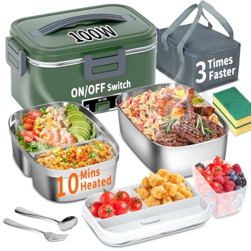 100W 3-IN-1 Heated Lunch Box, Fast Heating, 1.8L Portable, Dual Layer, 12V/24V/110V — GreenGrey