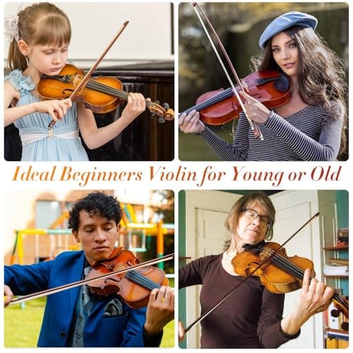 CVN-300 Solidwood Ebony Violin for Beginners with Strings, Bow, Rosin & Case, Size 1/2