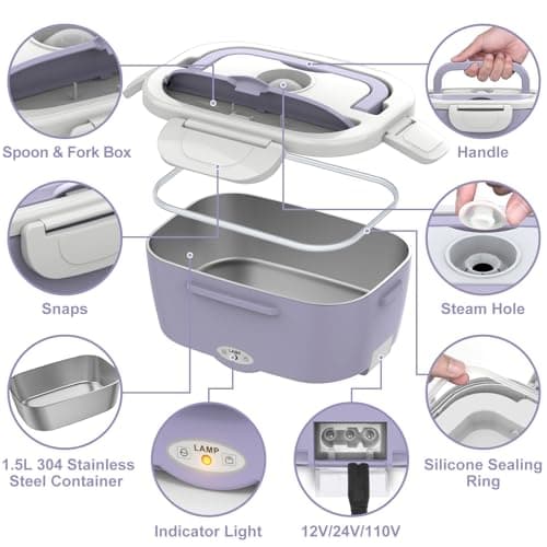 Purple 12V/24V/110V 60W-80W Heated Lunch Box, Portable Food Warmer with Removable 304 SS Container