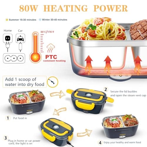 Electric Lunch Box 3-in-1 Warmer, 80W Food Heater for Car, Home & Truckers
