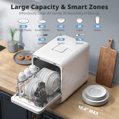 AIRMSEN 14.6" Ultra-Narrow 5L Portable Countertop Dishwasher, 9 Programs, White