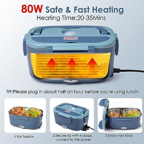 Portable 12V 24V 110V Heated Lunch Box with 1.5L Removable 304 SS Container