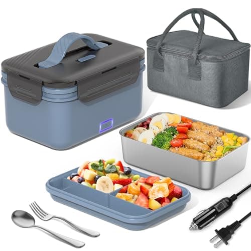 100W Ultra Quick 4-in-1 Lunch Box Heater for Adults, 12V-220V Portable Food Warmer with Fork, Spoon, and Insulated Bag — Moon Blue