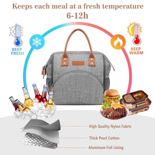 LOKASS Insulated Lunch Bag, Durable Nylon Snacks Organizer, Grey