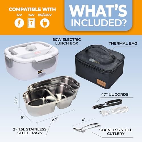 Heated Lunch Box 80W for Adults - Portable 1.5L Food Warmer, 12V/24V Car & Truck, 110V/220V Work & Travel
