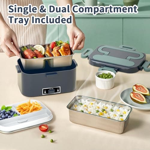 100W 3-IN-1 Heated Lunch Box, Fast Heating, 1.8L Portable, Dual Layer, 12V/24V/110V