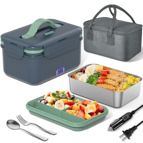 100W Ultra Quick 4-in-1 Lunch Box Heater for Adults, 12V-220V Portable Food Warmer with Fork, Spoon, and Insulated Bag — Piano Gray