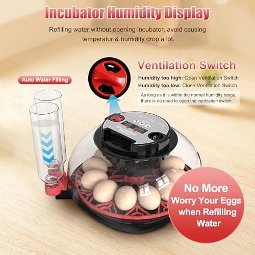 12 Egg Incubator with Temp Control, Humidity Display & Automatic Turner/Candler & Water Refill for Hatching