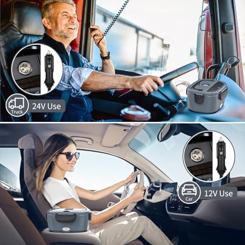 3-in-1 Electric Lunch Box for Adults - Portable Heated Lunch Box with 1.5L Stainless Steel Container for Office, Car, and Truck (110V, 24V, 12V) - Black/Grey