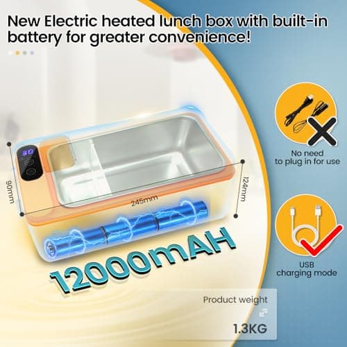 Battery-Powered Heated Lunch Box, 1L Adjustable Heating Time, Insulated Bag Included