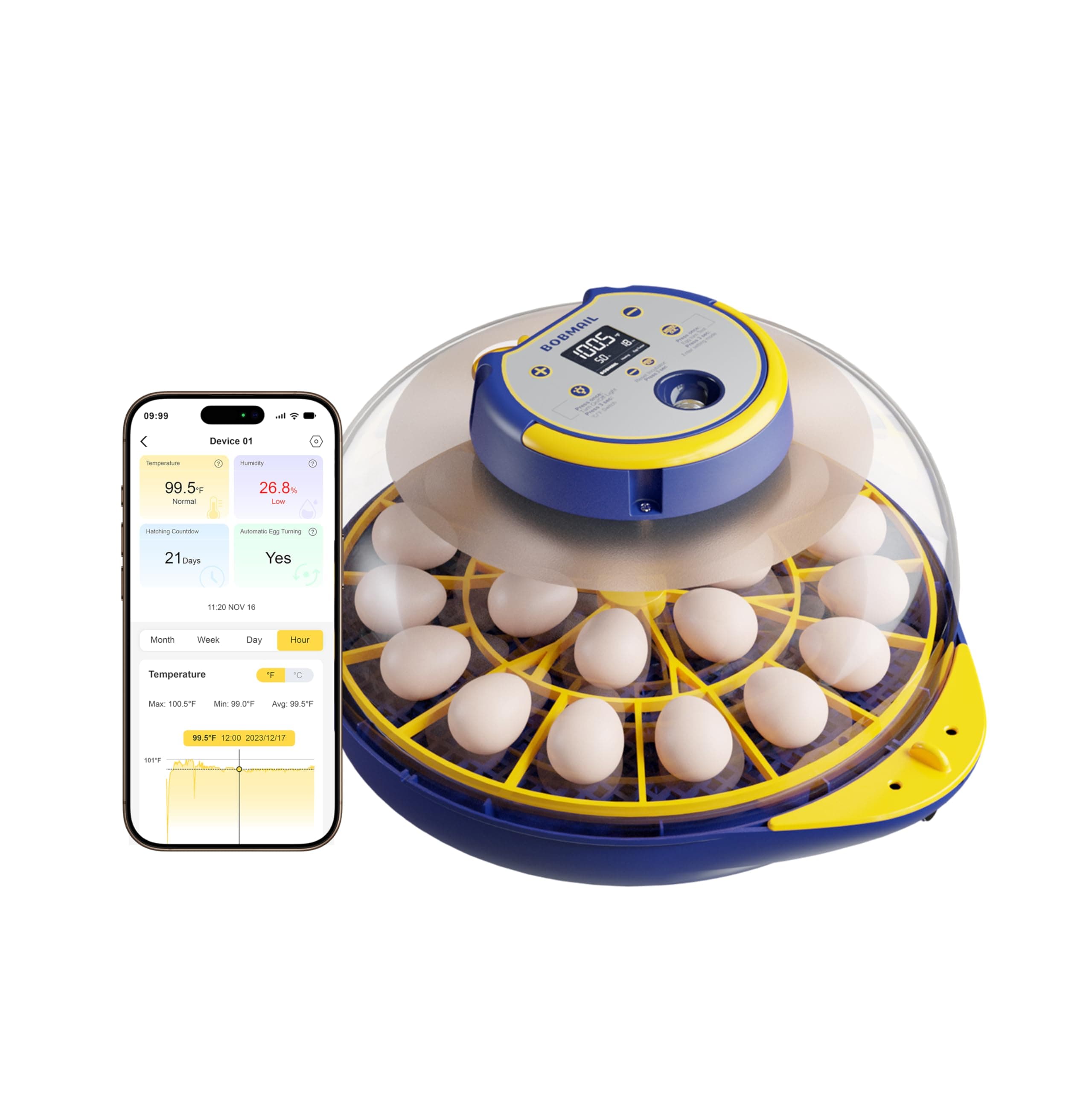 21-Egg Incubator with Temperature & Humidity Control, Automatic Turning, Blue