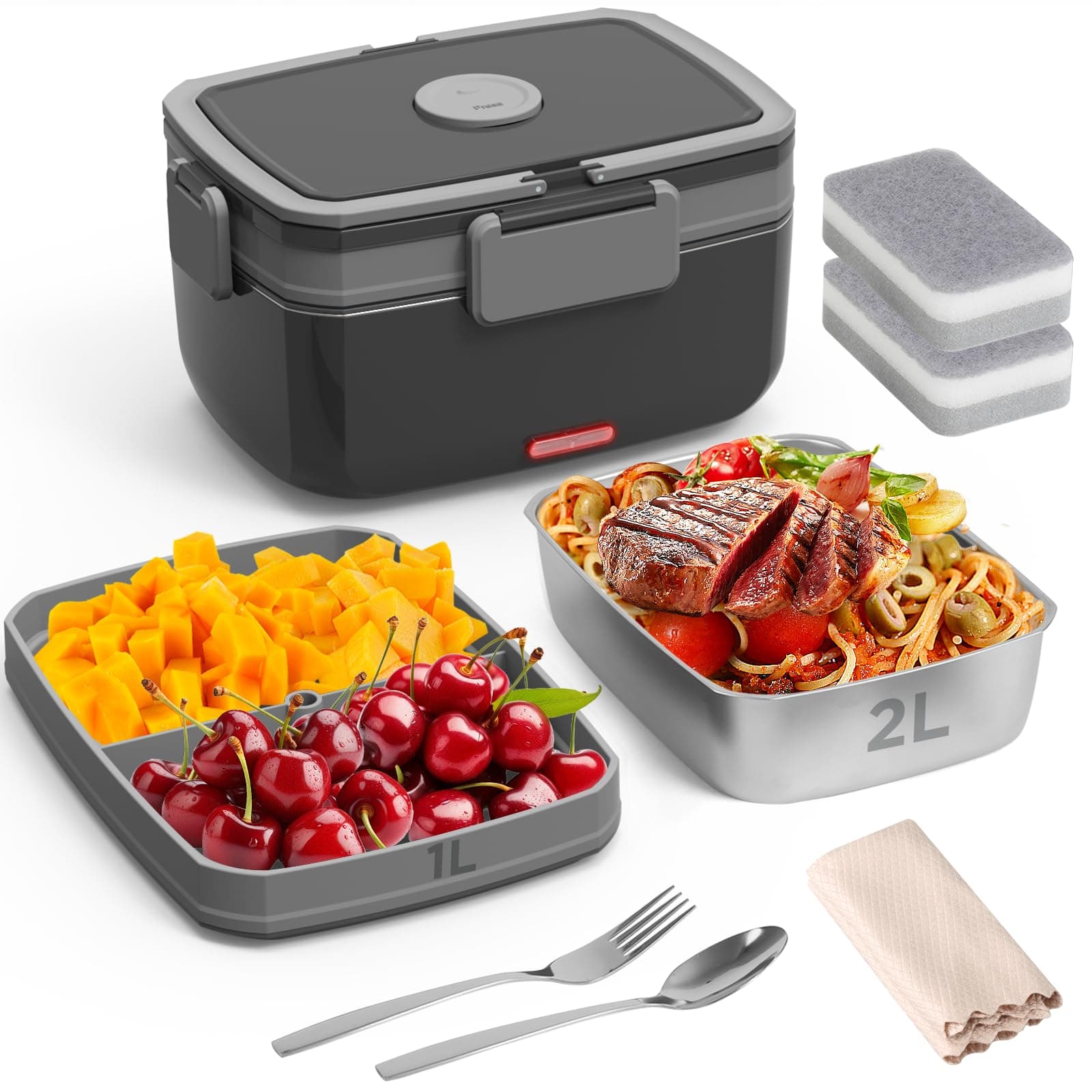 90W Portable Electric Lunch Warmer with 2L Stainless Steel & 1L Fruit Container