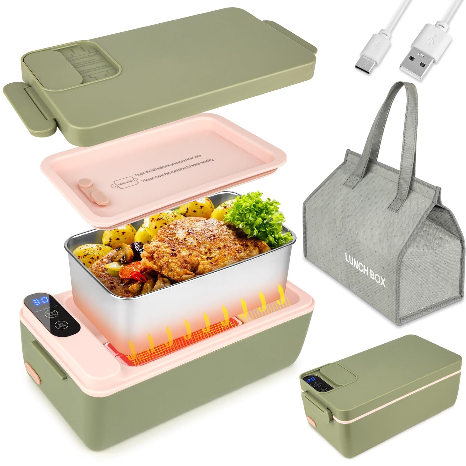 Cordless Battery-Powered Food Warmer with HD Display (Green)