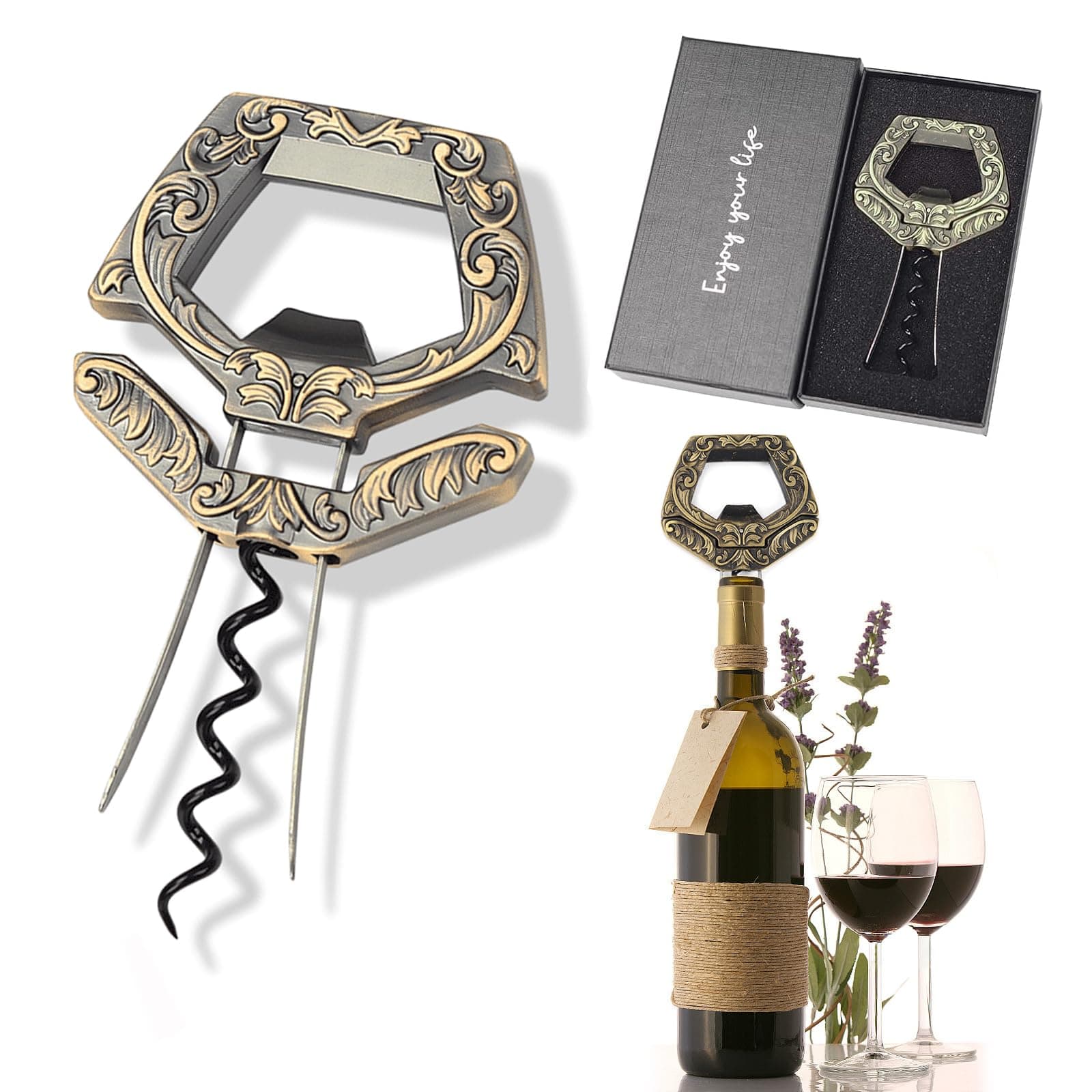3 in 1 Ah-So Wine Opener, Bronze Corkscrew for Wine Lovers