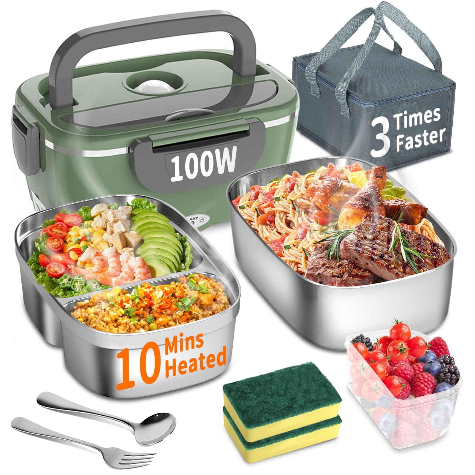 100W 3-IN-1 Heated Lunch Box for Adults, Portable Fast Heating Food Warmer, 1.5L for Car Truck Office Home Travel