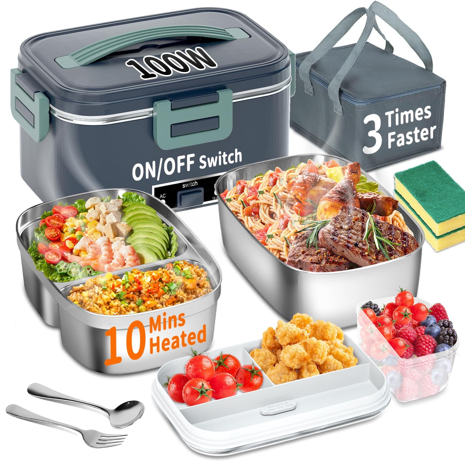100W 3-IN-1 Heated Lunch Box, Fast Heating, 1.8L Portable, Dual Layer, 12V/24V/110V