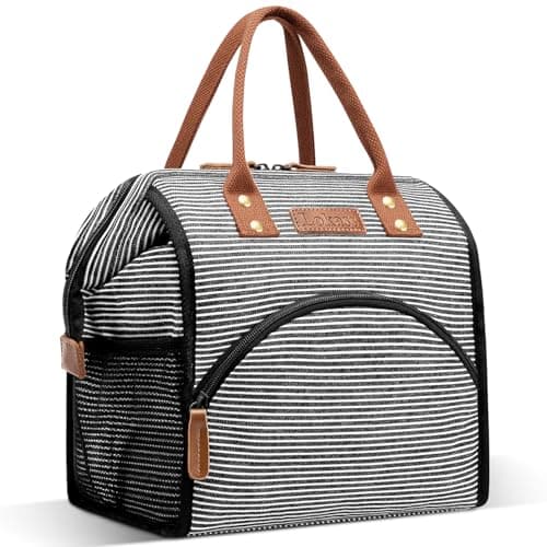 LOKASS Insulated Lunch Bag, Durable Nylon Snacks Organizer, Grey — New Black-White Stripes