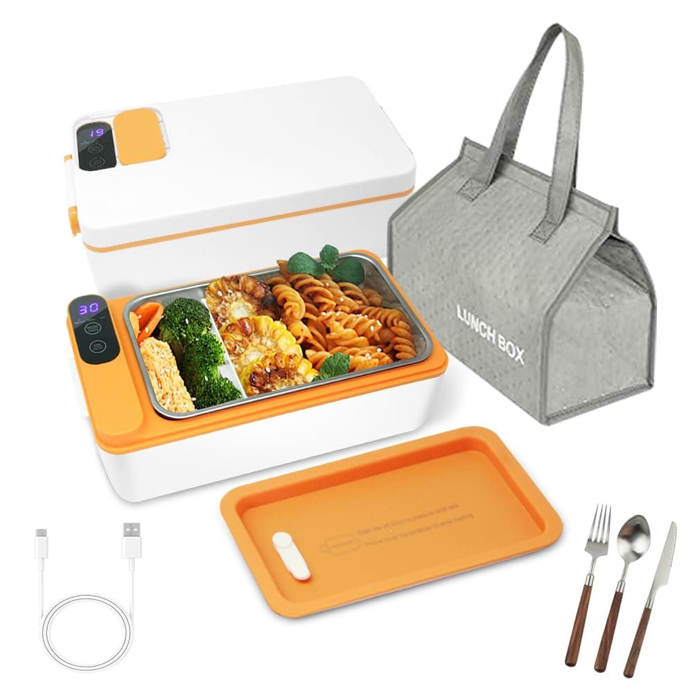 Battery-Powered Heated Lunch Box, 1L Adjustable Heating Time, Insulated Bag Included