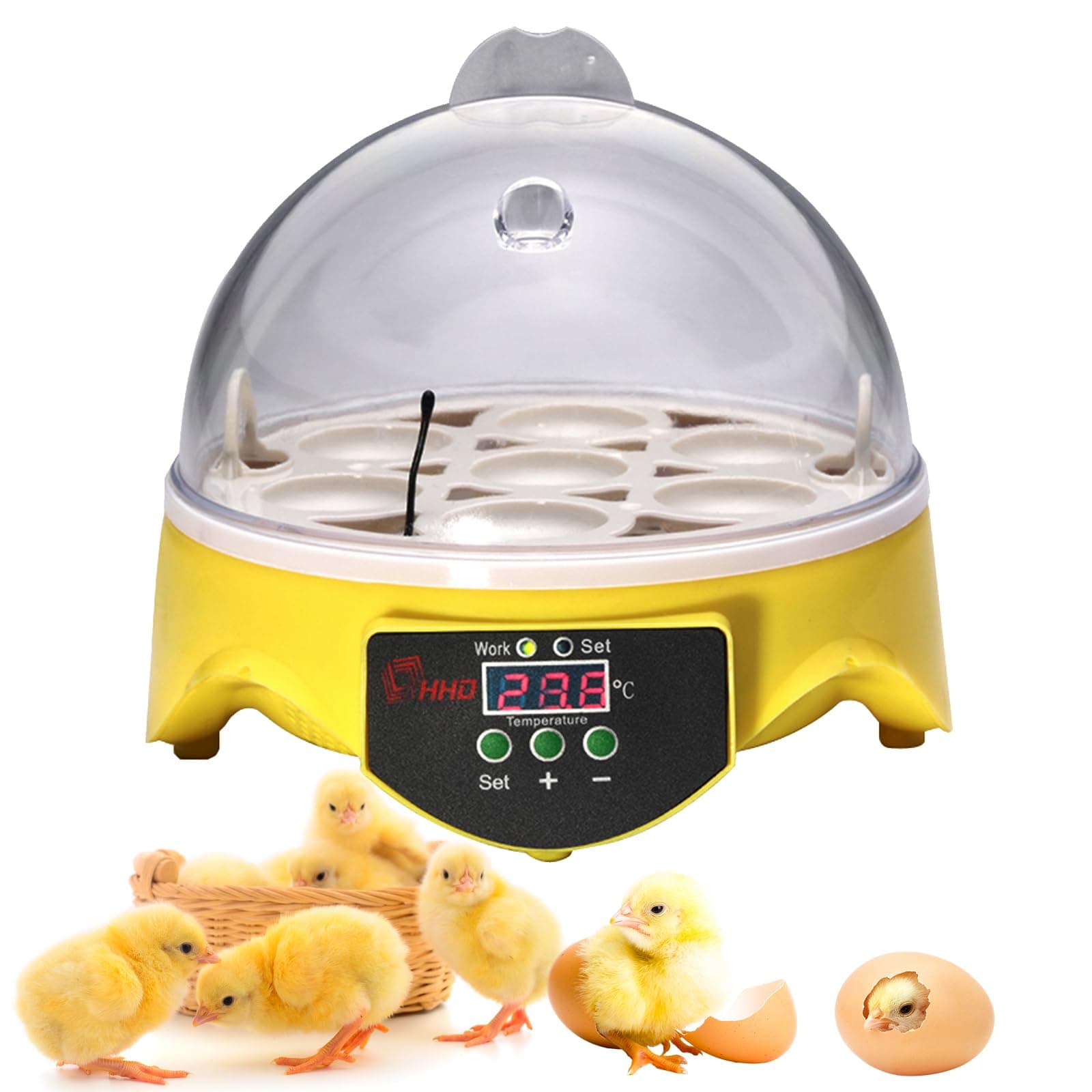 7-Egg 360° View Poultry Incubator, Temperature Controlled, Yellow, ZM003