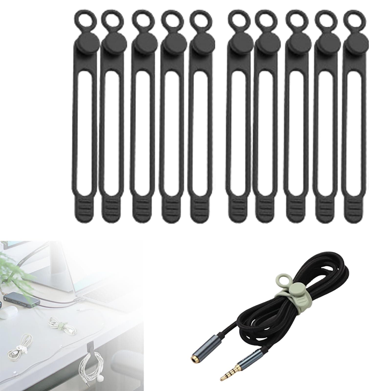 2024 New Silicone Cable Ties, Reusable Data Cable Organizer (Black, 10 Pcs)