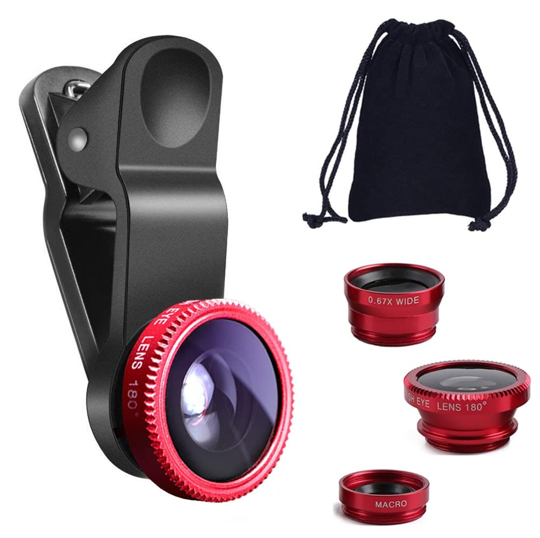 KINGMAS 3-in-1 Fish Eye Lens Kit for iPad, iPhone, Samsung, Android Smartphones (Red)