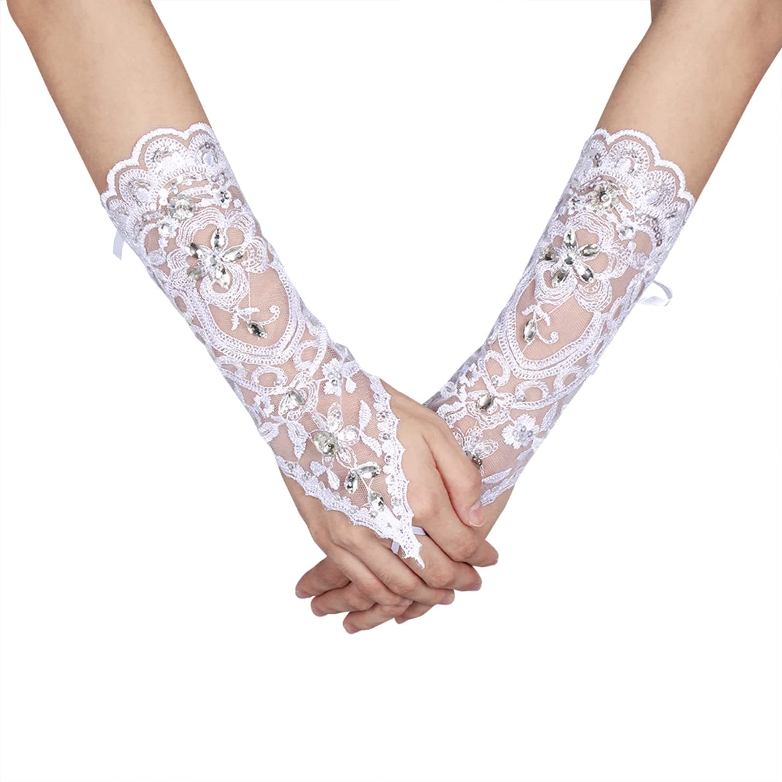 Zerodis Ivory Rhinestone Fingerless Gloves for Brides and Evening Events