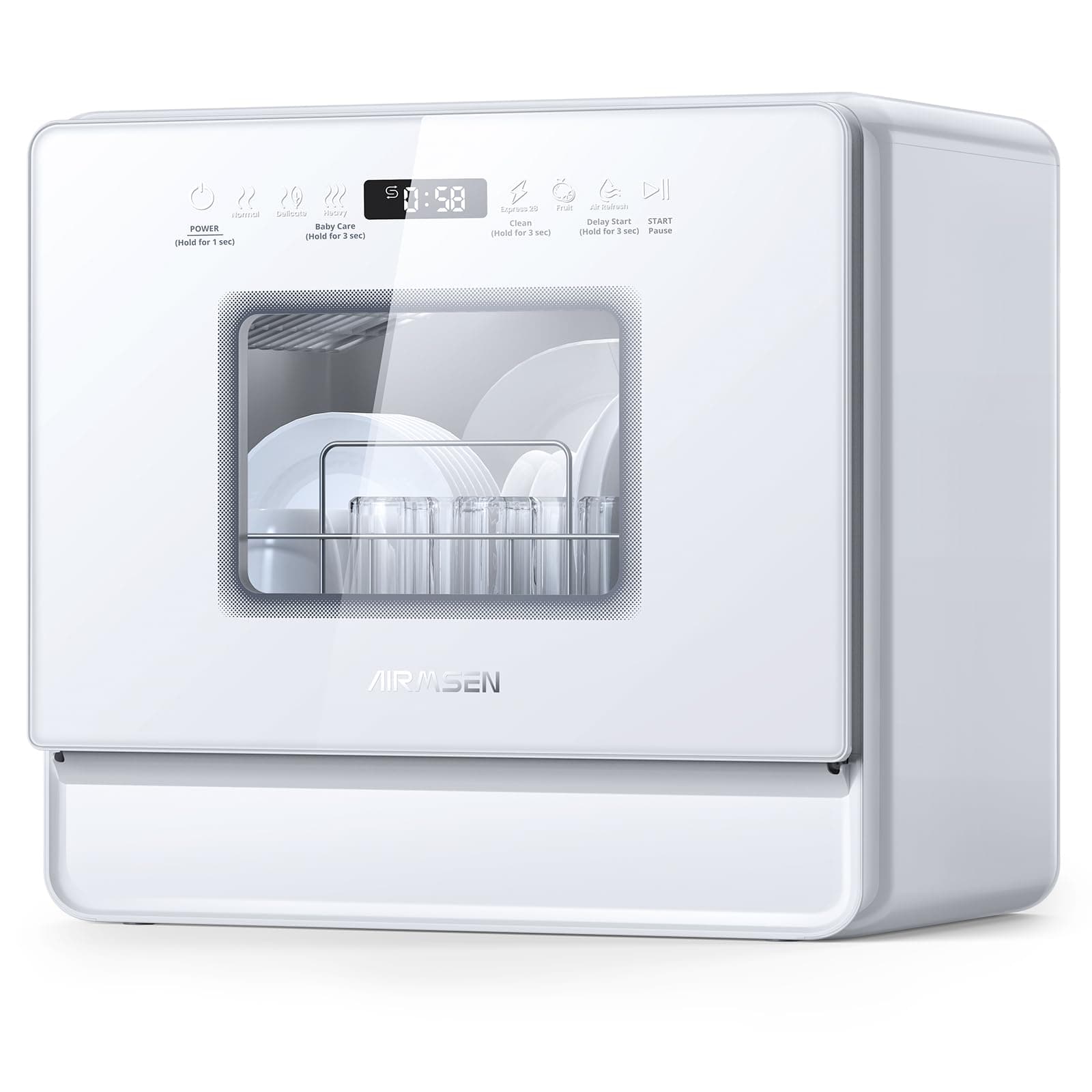 AIRMSEN Portable 5L Water Tank Dishwasher, 2-Level Rack, 3-Spray Arms, 12H Delay Start, White