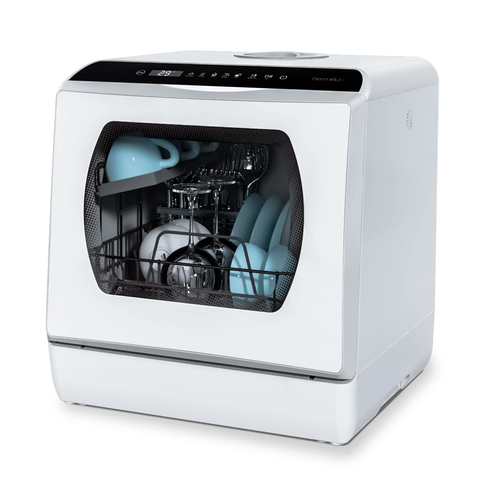 Hermitlux Portable 5-Liter Water Tank Glass Door Dishwasher, 5 Programs