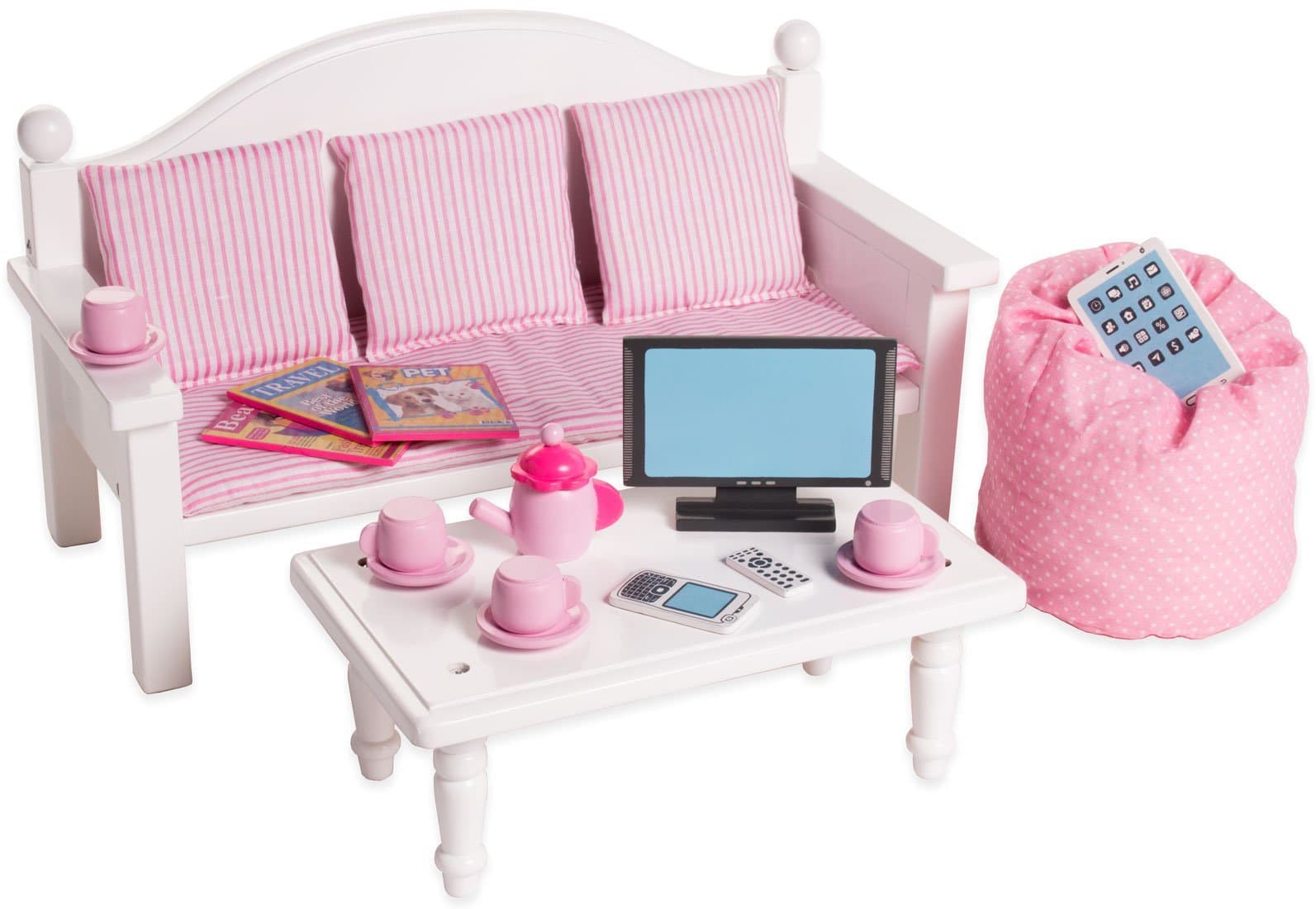 Eimmie 18 Inch Doll Furniture Set - White Wooden Couch & Coffee Table, Living Room Accessories