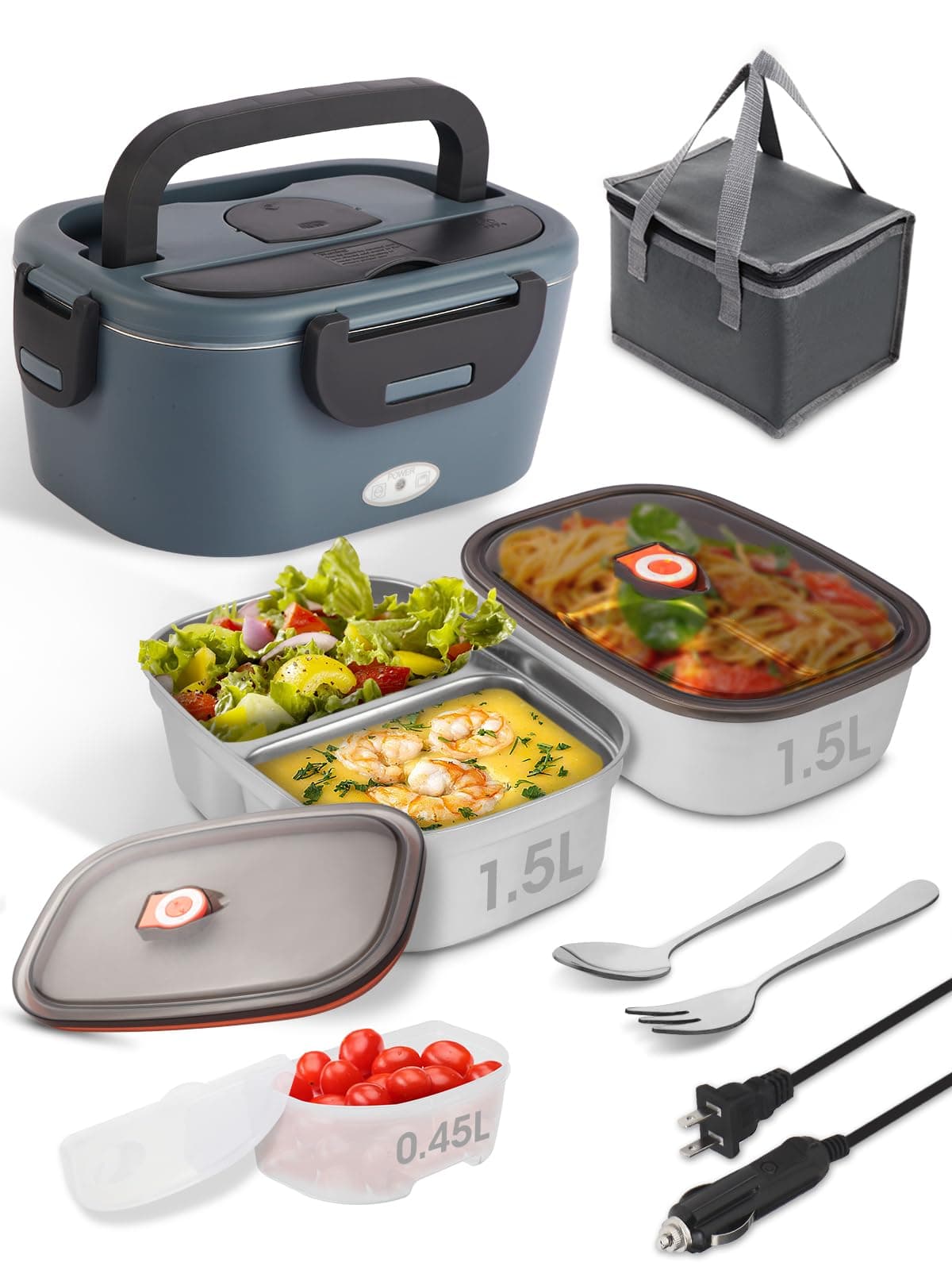 Gary Black 80W Electric Heated Lunch Box, Dual Compartment 12V/24V/110V Food Warmer with Utensils and Insulated Bag