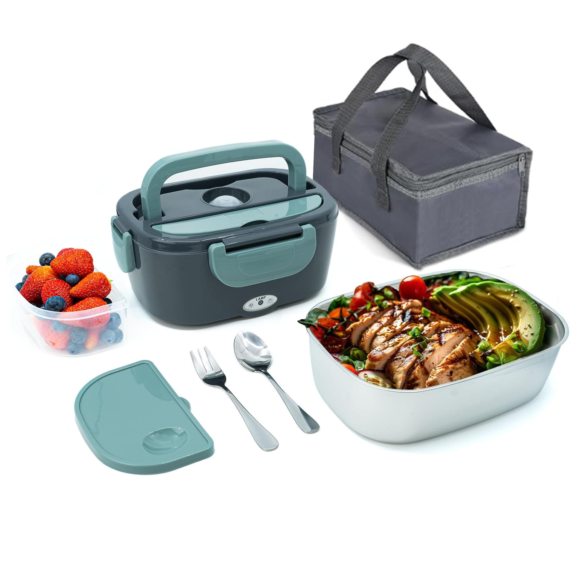 LahrStore 1.8L Electric Heated Lunch Box with Fork & Spoon (Gray)