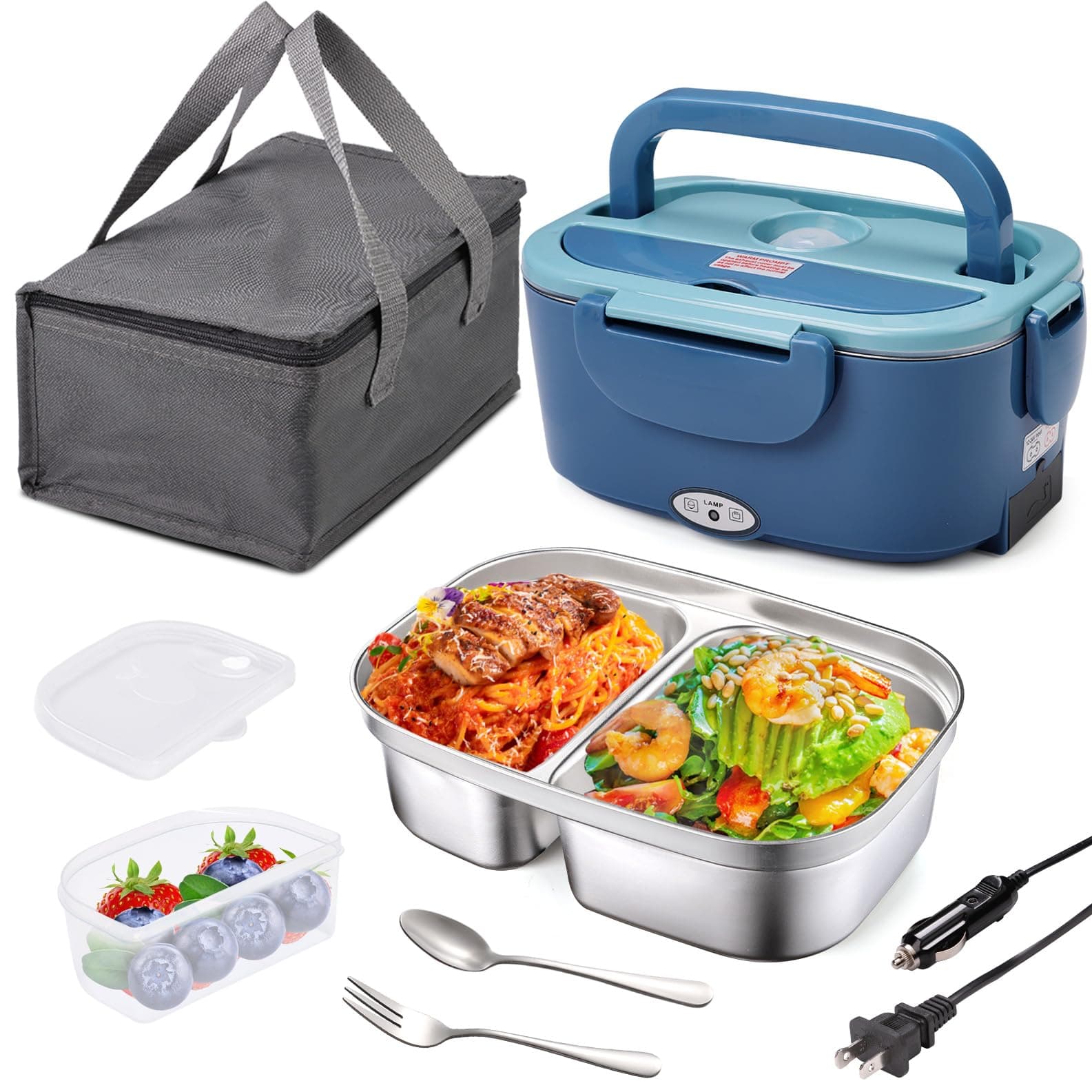 Portable 12V 24V 110V Heated Lunch Box with 1.5L Removable 304 SS Container