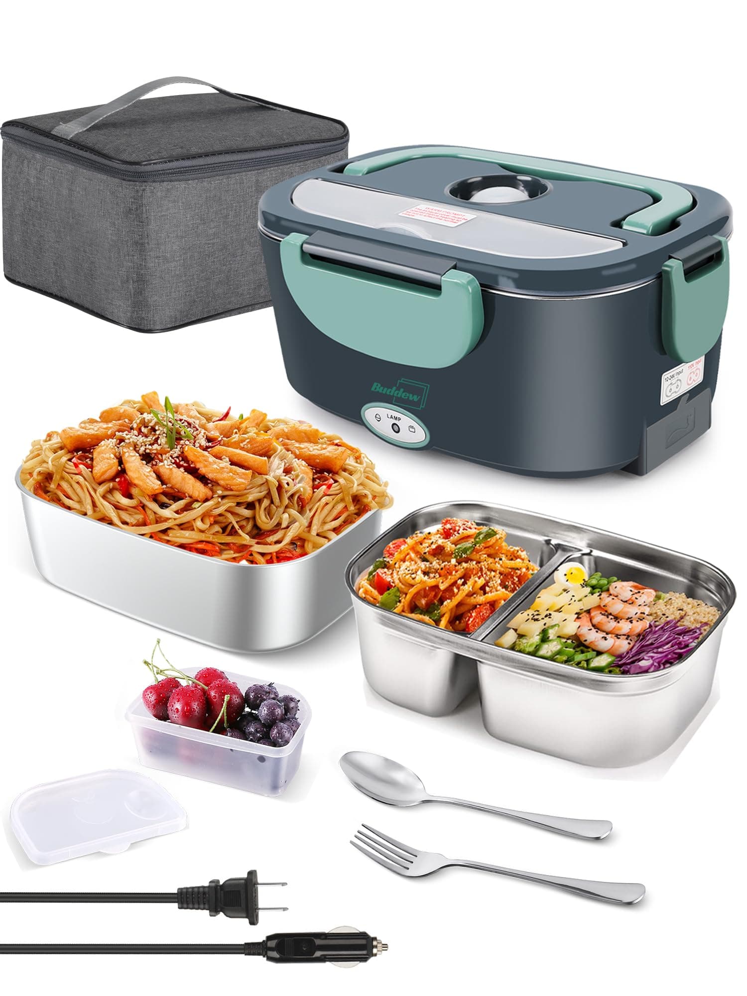 Buddew 80W Dual Container Electric Lunch Box with Heater and Insulated Bag (Green)