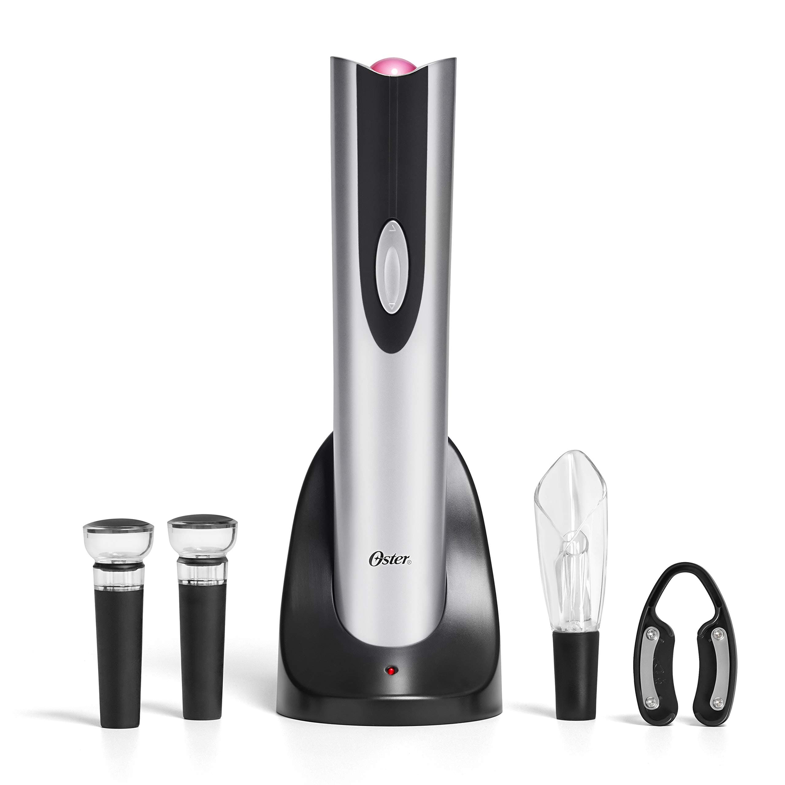 Oster Black Electric Wine Opener Set: Corkscrew, Foil Cutter, Pourer, and Vacuum Stoppers