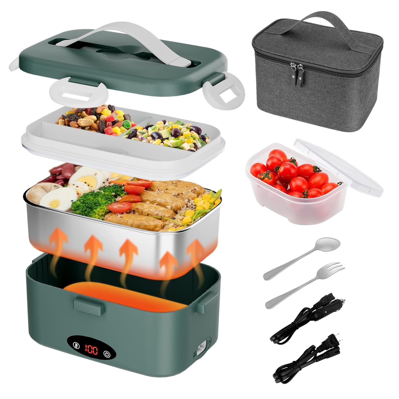 12V/24V/110V Fast Heating 1.8L Portable Lunch Warmer with 3 Temp Levels, Green
