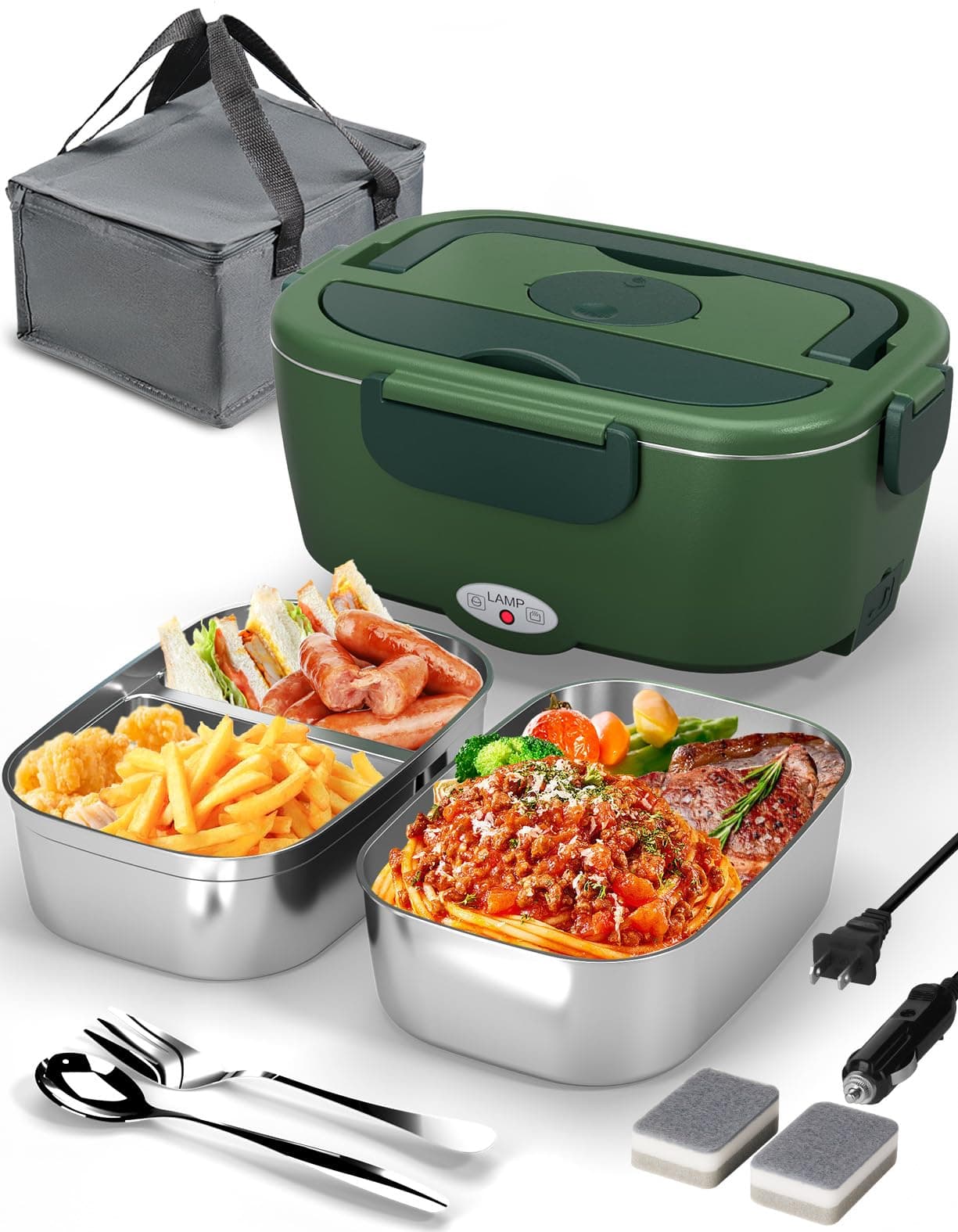 Fast Heating Adult Lunch Box, 2 x 1.5L Stainless Steel Containers, Portable Car/Truck Warmer for Long Work Trips