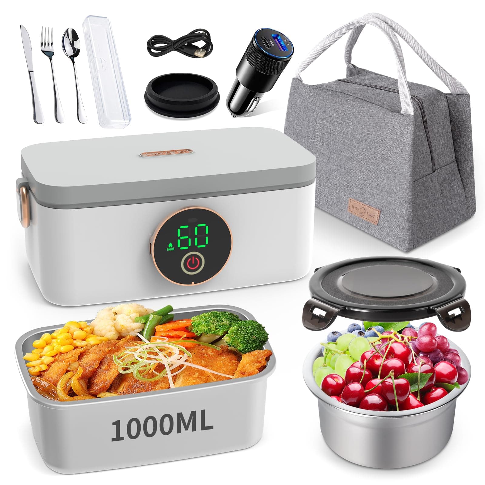1L Rechargeable Heated Lunch Box with Cutlery & Insulated Bag for Travel, Picnic, Camping