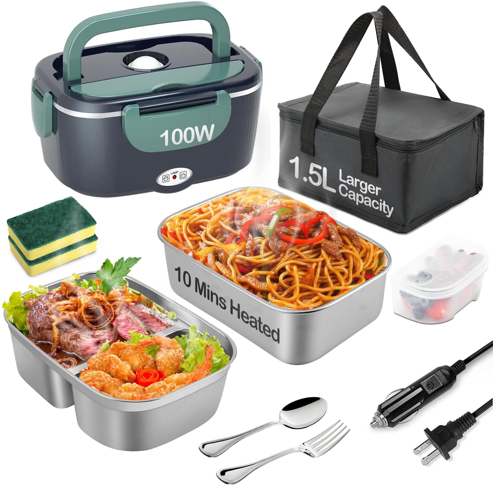 100W Electric Heated Lunch Box for Adults with 2 Stainless Steel Bins (1.5L)