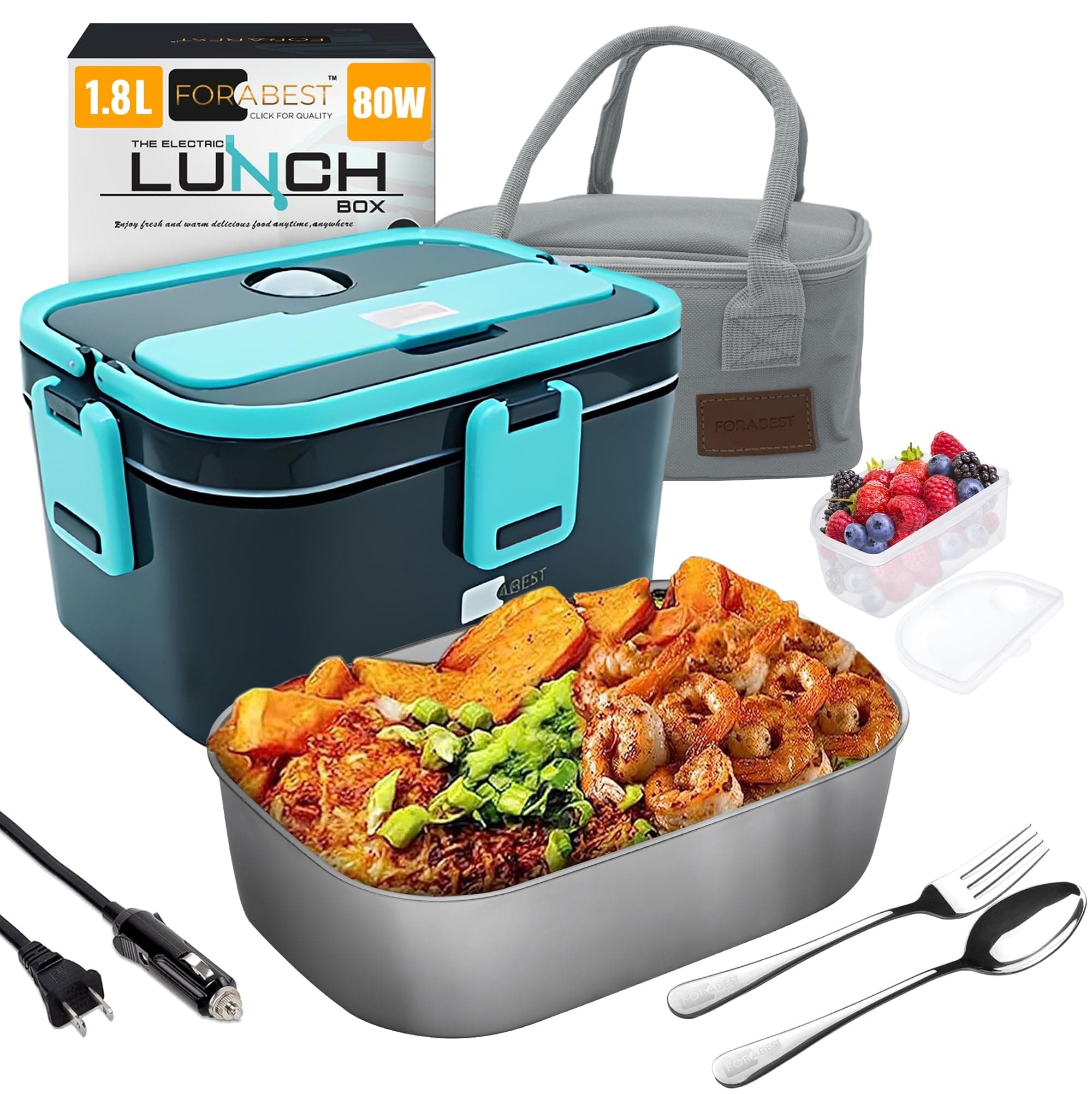 Portable 1.8L 80W Stainless Steel Heated Lunch Box for Adults, 12V/24V Car & Truck, 110V/220V Work & Travel