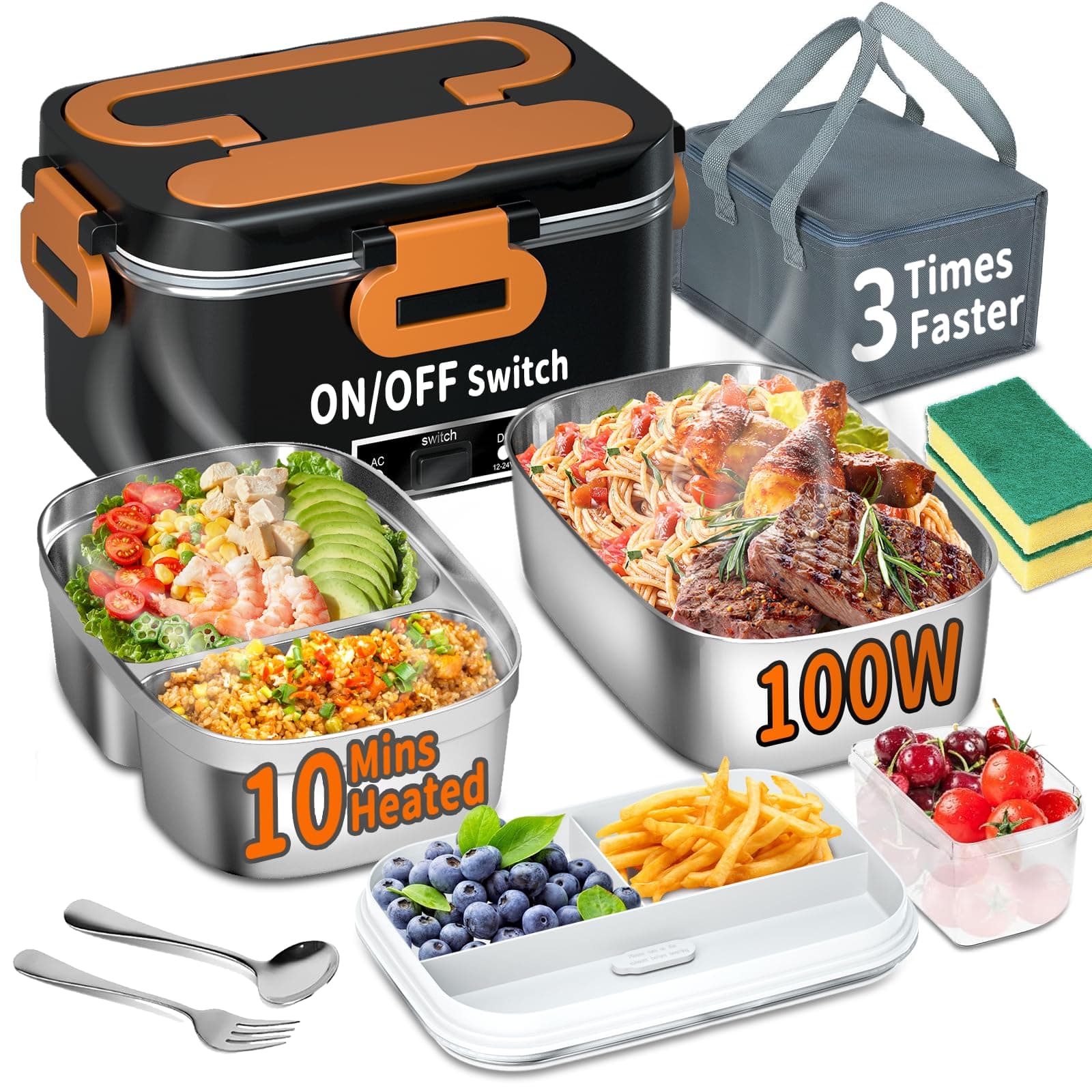100W 3-IN-1 Heated Lunch Box for Adults, Portable 1.8L Food Warmer